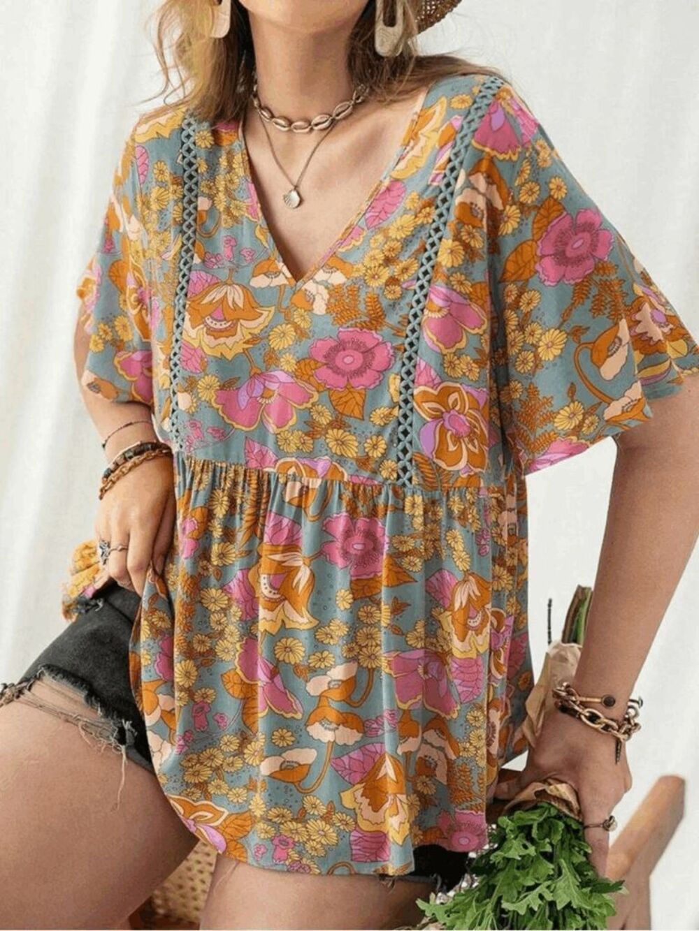 Rusttydustty Floral V-Neck Boho Tunic Sage with Pink & Mustard Floral Women's XL